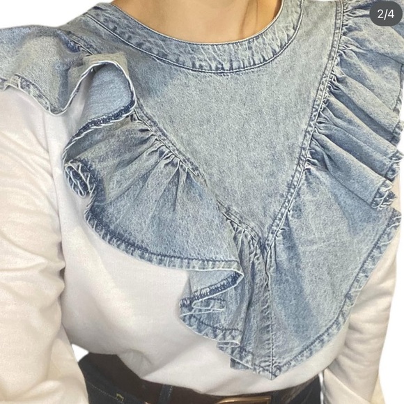 Denim Ruffle White Top - Picture 2 of 3